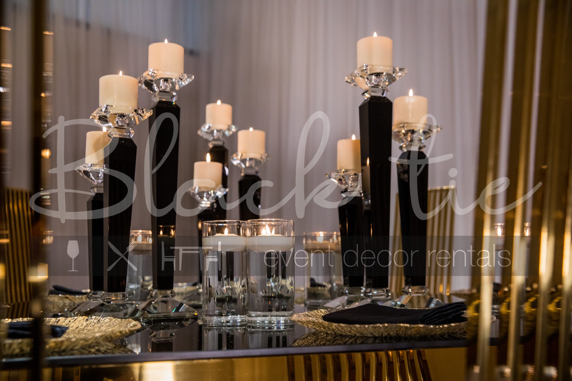 black, gold and silver centerpiece for a black tie affair; decor